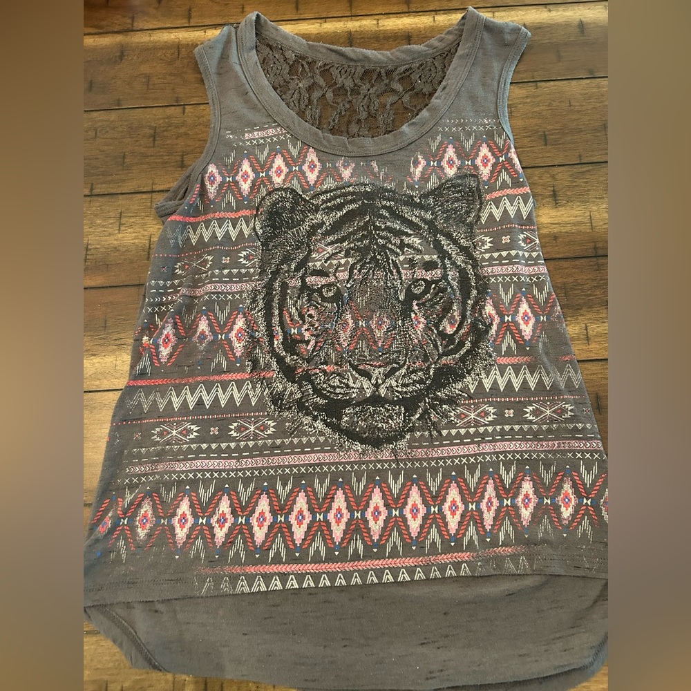 Gray Sleeveless Top with Tiger Print